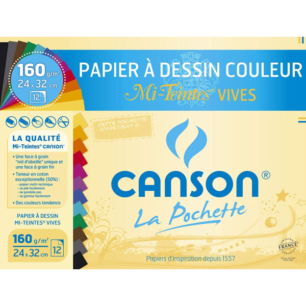 PAPIER CANSON, Pochette 12 feuilles papier à dessin couleur