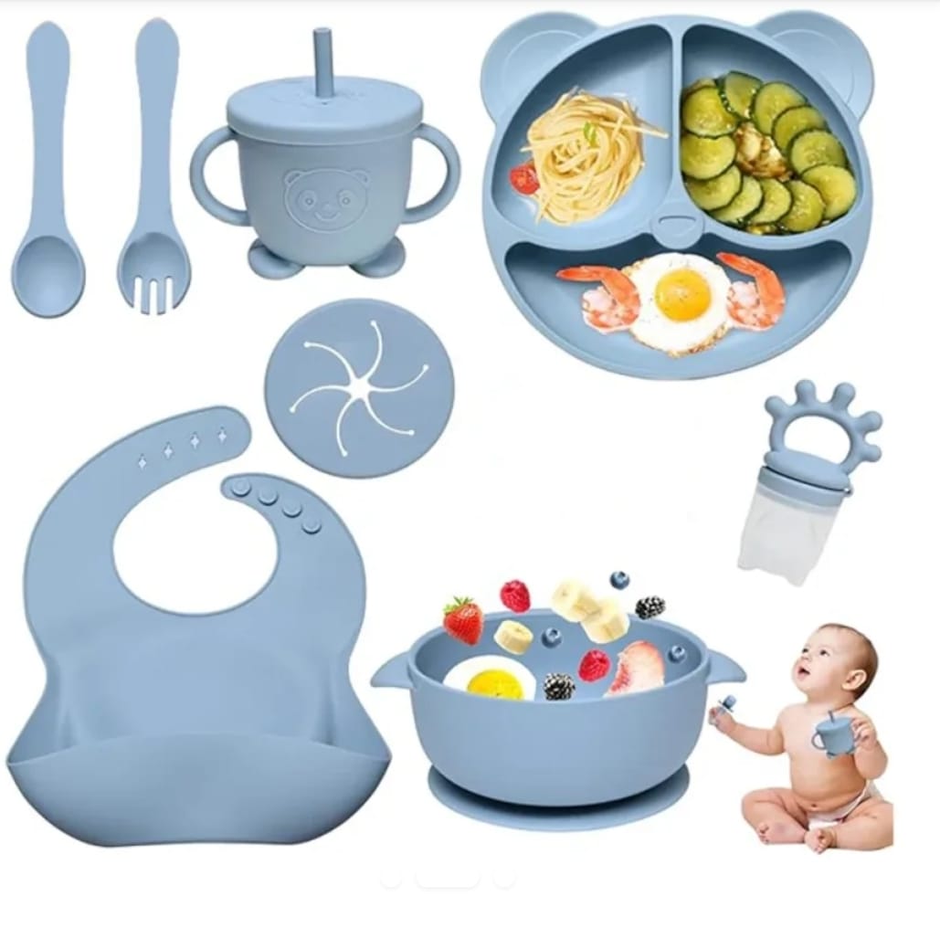 Kit Repas Bébé en Silicone - Assiette, Bol, Bavoir & Couverts