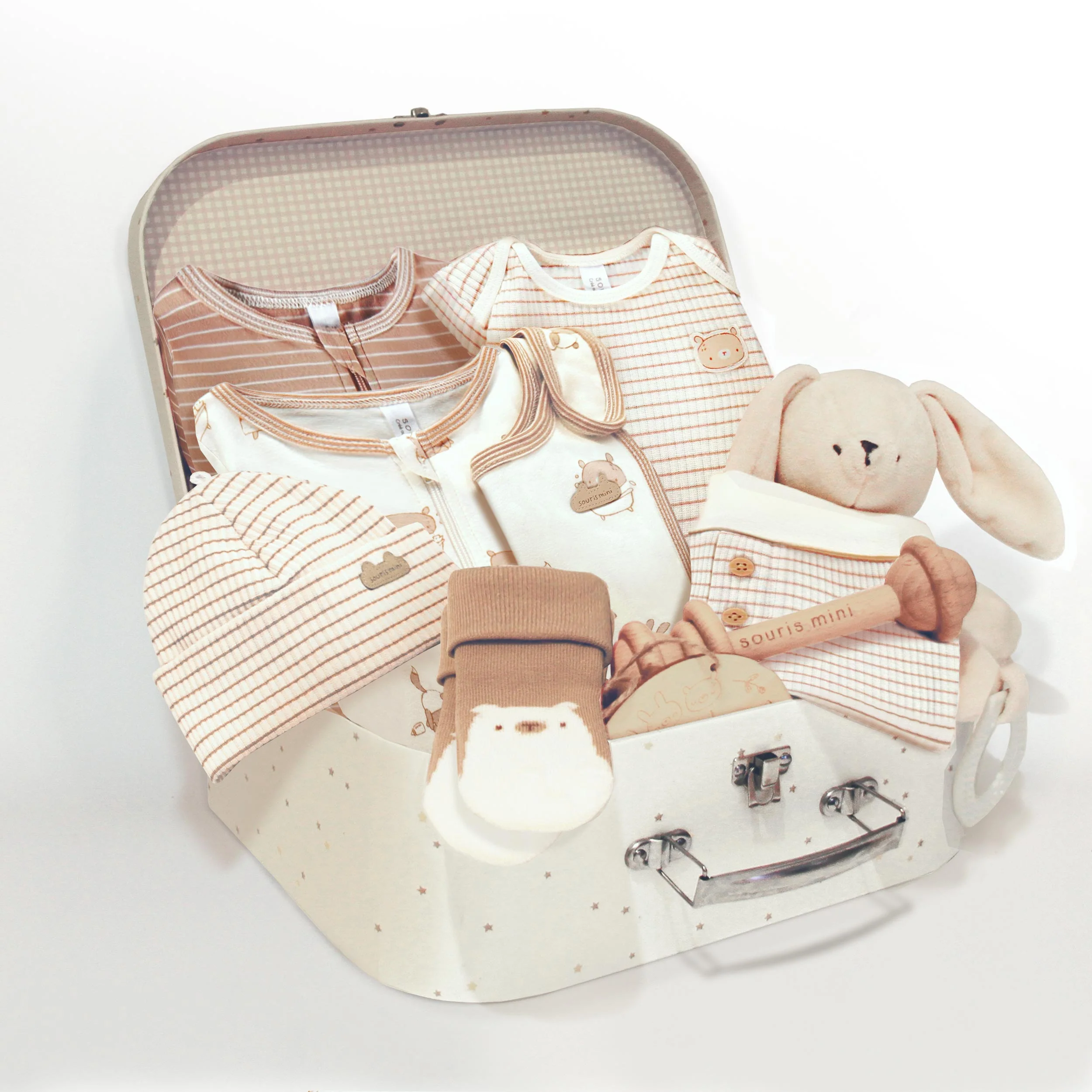 Kit Cadeau de Naissance Bébé en Corbeille - Trousseau & Doudou