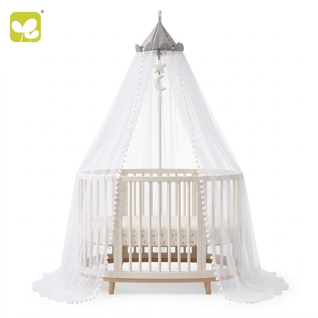 Lit Bébé Ovale en Bois avec Ciel de Lit & Moustiquaire