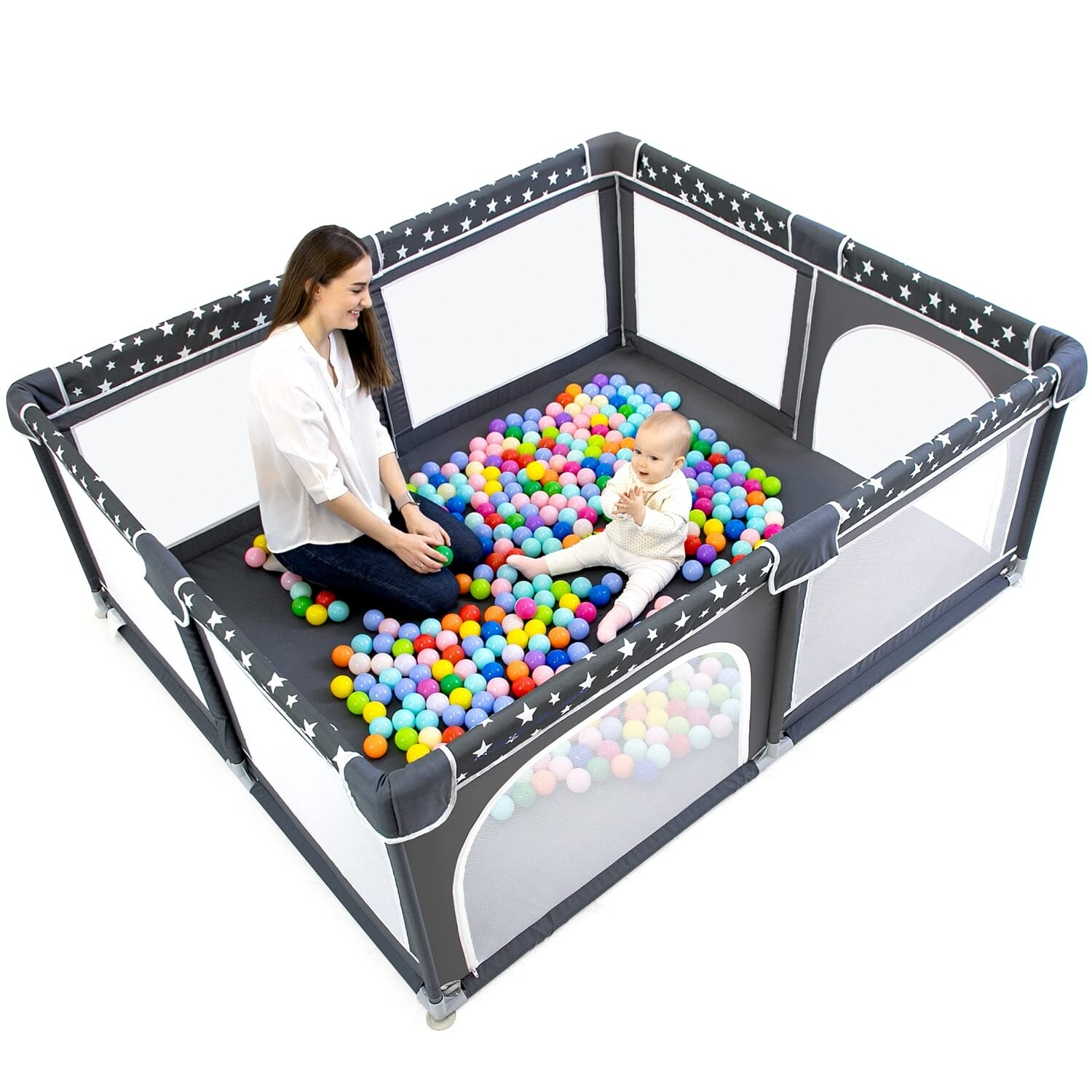 Parc de Jeu Bébé Spacieux avec Tapis & Parois Respirantes